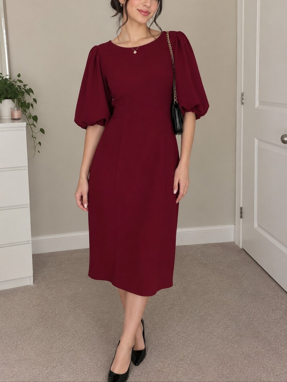 Burgundy Midi Dress with Flutter Sleeves